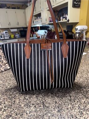 Guess Black-and-White Striped Tote with Brown Trim